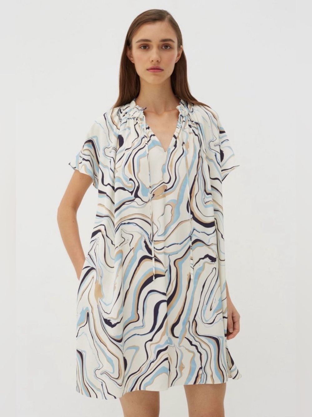 Chinti + Parker Marble Print Twill Ivory Mini Tunic Shift Dress Size 6